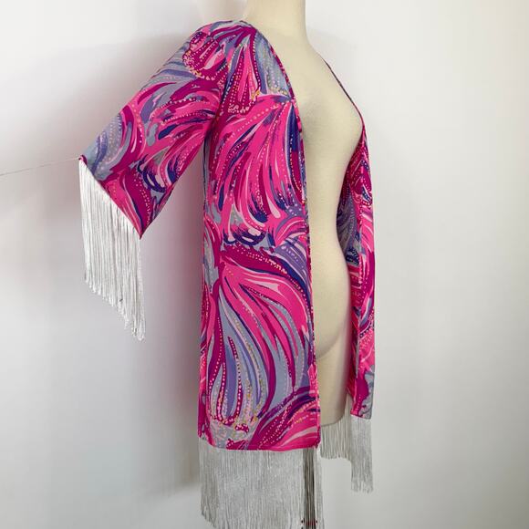Lilly Pulitzer Noelle Silk Kimono Coverup Magenta Oh My Guava Fringe XS NWT - Picture 6 of 13